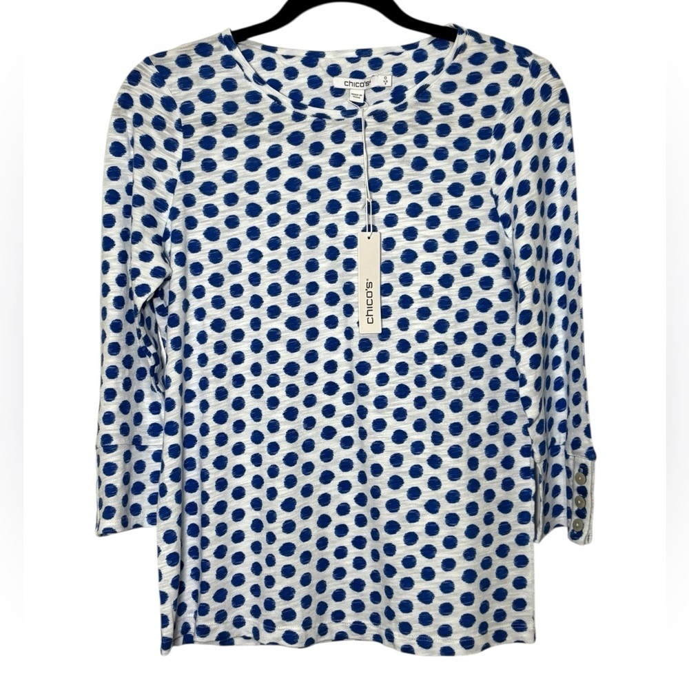 Chico's Shirt Size 0 Navy Blue Ikat Dot 3/4 Sleeve Cotton Slub Button Cuff Tee